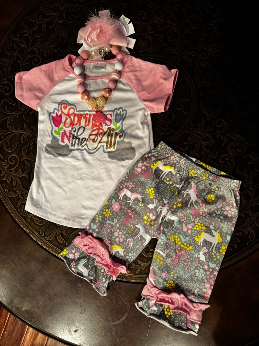 Spring Is in the Air Pink Raglan Tee & Unicorn Ruffle Pants Set